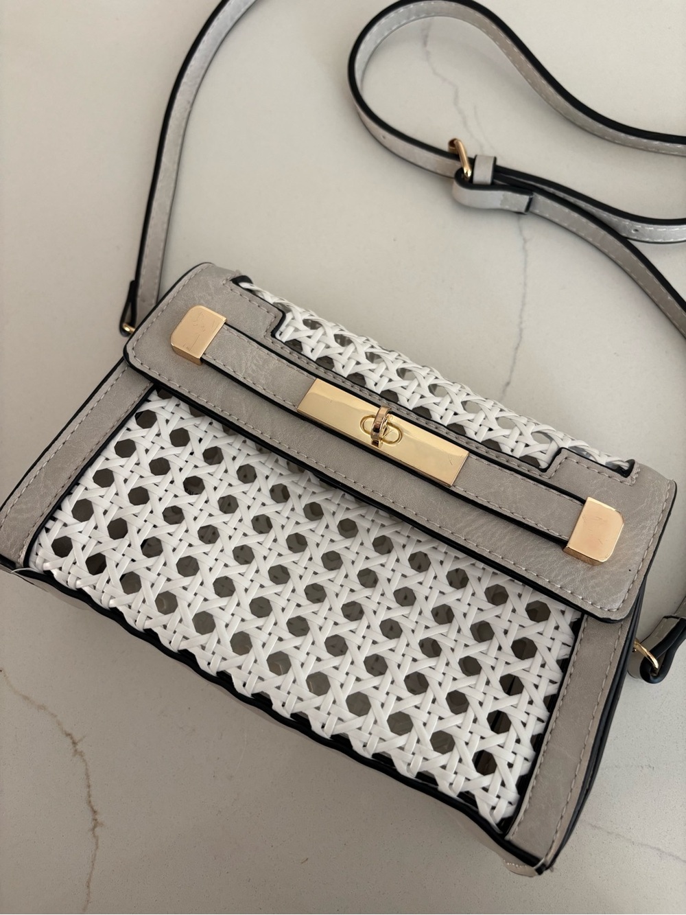 Woven White and Light Gray Crossbody Bag with Gold Hardware - Picture 2 of 7